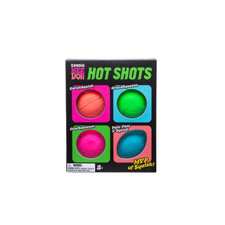 Teenie Nee Doh Hot Shots 4-pack set featuring basketball, baseball, soccer ball, and football stress balls