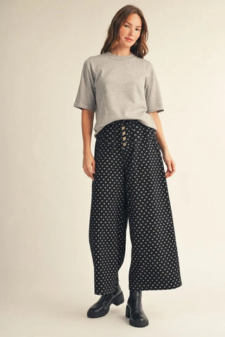 Jodifl gray half sleeve mock neck sweater top paired with polka dot wide-leg pants