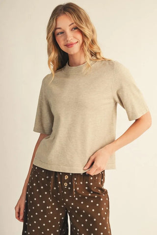 Jodifl oatmeal beige mock neck half sleeve knit sweater top
