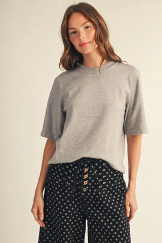 Jodifl heather gray half sleeve crew neck sweater top on model