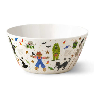 Rifle Paper Co. Halloween Parade melamine serving bowl with festive spooky character illustrations on white
