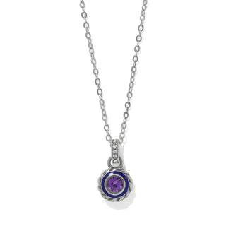 Brighton Halo Gemma Petite Round Necklace with purple amethyst crystal and navy blue enamel pendant on silver chain