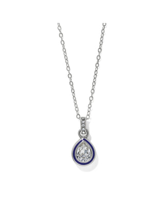 Brighton Halo Gemma Petite Teardrop Necklace with silver chain, navy enamel border, and crystal pendant