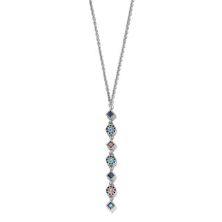 Brighton Halo Nova Drop Necklace in silver with alternating blue and pink crystal pendants on twisted chain