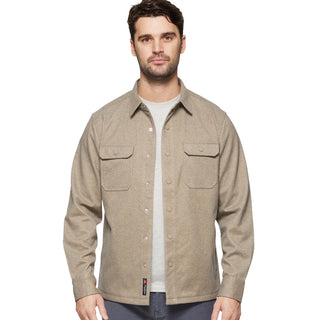 Man wearing Flag & Anthem Hamlin Stretch Twill Shirt Jacket in oatmeal heather, open over gray tee
