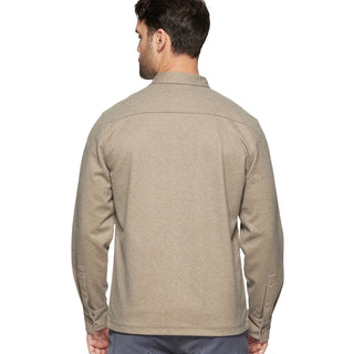 Back view of man wearing Flag Hamlin Stretch Twill Shirt Jacket in oatmeal heather color