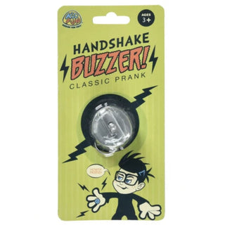Handshake Buzzer classic prank toy in yellow packaging with cartoon character illustration