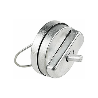 Silver metal hand buzzer prank toy with keychain ring on white background