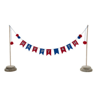 Happy 4th patriotic banner with red white and blue pennant flags on wooden stands