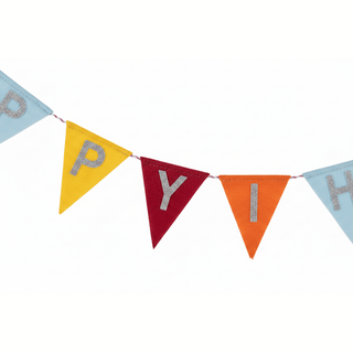 Glory Haus multicolor felt Happy Birthday banner with silver glitter letters and pink twisted cord
