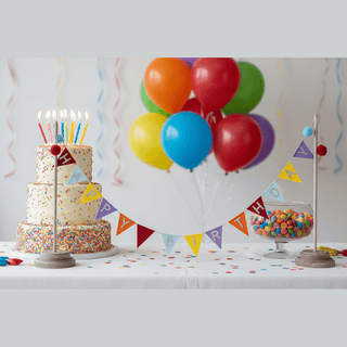 Happy Birthday felt pennant banner on wooden stands with red pom-pom finials for birthday party decor