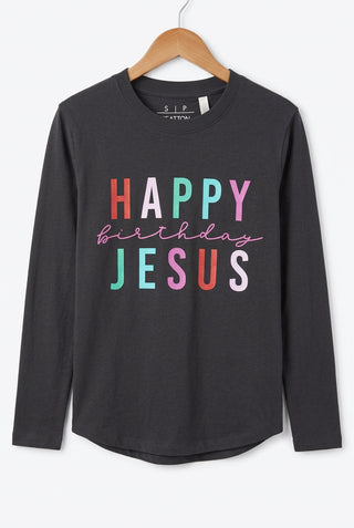 Dark gray long sleeve tee with colorful Happy Birthday Jesus graphic print