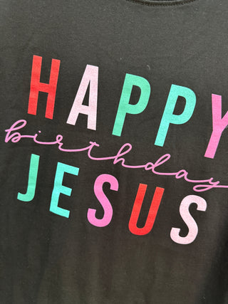 Black long sleeve top with colorful Happy Birthday Jesus graphic print