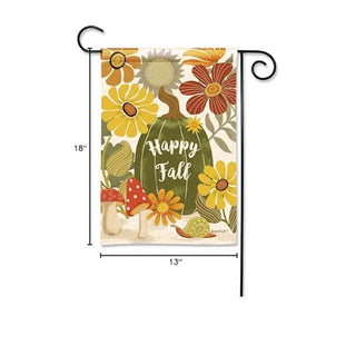 Happy Fall garden flag with autumn flowers, pumpkin and mushroom design with dimensions