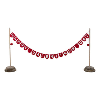 Red felt Happy Valentines Day banner with white letters displayed on wooden pole stands