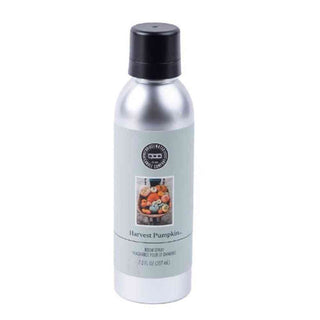 Bridgewater Harvest Pumpkin Room Spray in silver aluminum bottle with black cap and pumpkin wheelbarrow label