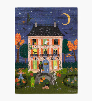 Rifle Paper Co. Haunted House Halloween jigsaw puzzle showing completed assembled puzzle artwork