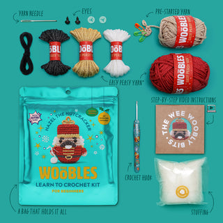 Woobles Hazel the Nutcracker learn to crochet kit with yarn, hook, and accessories