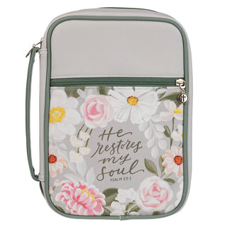 Gray floral Bible cover with He Restores My Soul Psalm 23:3 and cross zipper pull