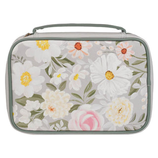Gray floral Bible cover with handle and zipper, featuring white, pink, and yellow flowers