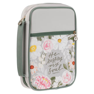 Gray floral Bible cover with Psalm 23:3 scripture, cross zipper charms, sage green trim