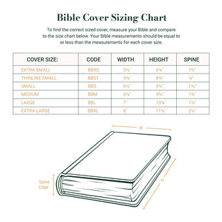 Bible cover sizing chart showing dimensions for XS through XL cover sizes