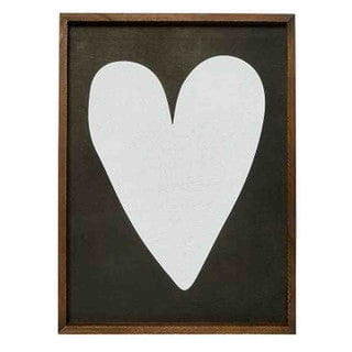 Rustic wood frame wall art with white heart silhouette on charcoal background