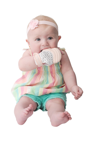 close-up pink silicone textured teether mitt with raised dots for sensory relief