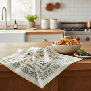 Helena Tea Towel draped over counter with baked goods