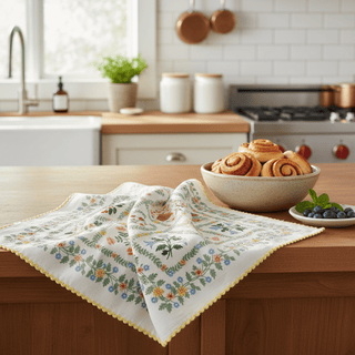 Helena Tea Towel draped over counter with baked goods