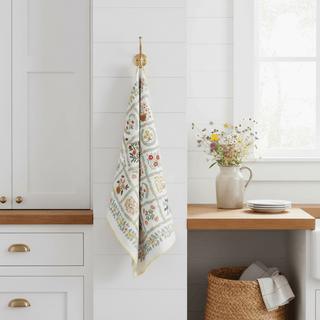 Helena Tea Towel hanging on hook in bright farmhouse kitchen