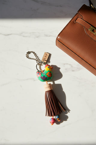 Colorful keychain with a chicken design and tassel 