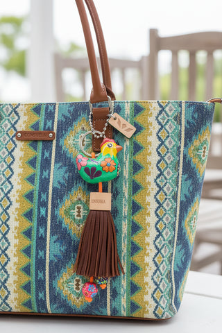 Colorful keychain with a chicken design and tassel 