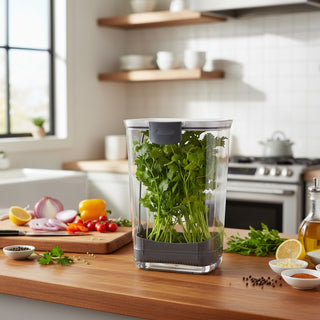 Clear herb container with fresh green herbs inside on a white background