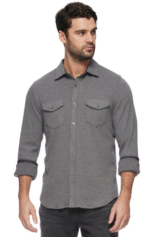 Men's gray twill knit flannel shirt with dual chest pockets and button front