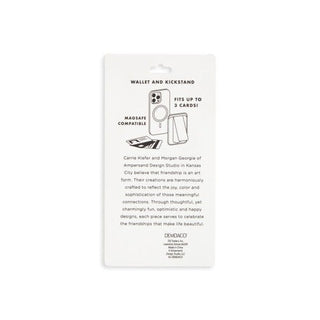 Back packaging of Ampersand Design Studio MagSafe wallet kickstand showing product features and brand description