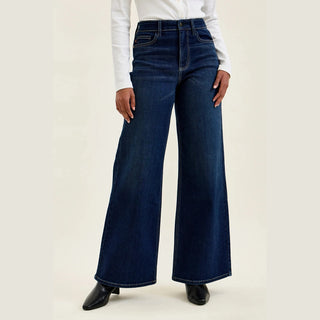 Front view Twilight Blue high waist wide leg jeans with fading and contrast seams
