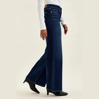 Twilight blue retro wide denim jeans full flare movement drape on model