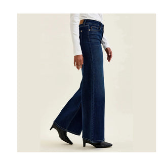 Twilight blue retro wide denim jeans full flare movement drape on model