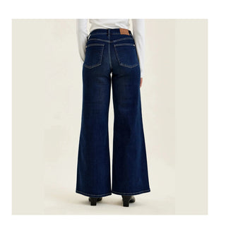 Judy Blue back view high rise wide leg jeans with leather brand tag and pocket detail