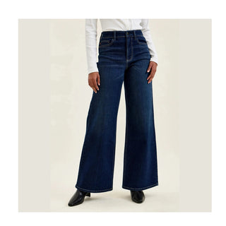 Front view Twilight Blue high waist wide leg jeans with fading and contrast seams