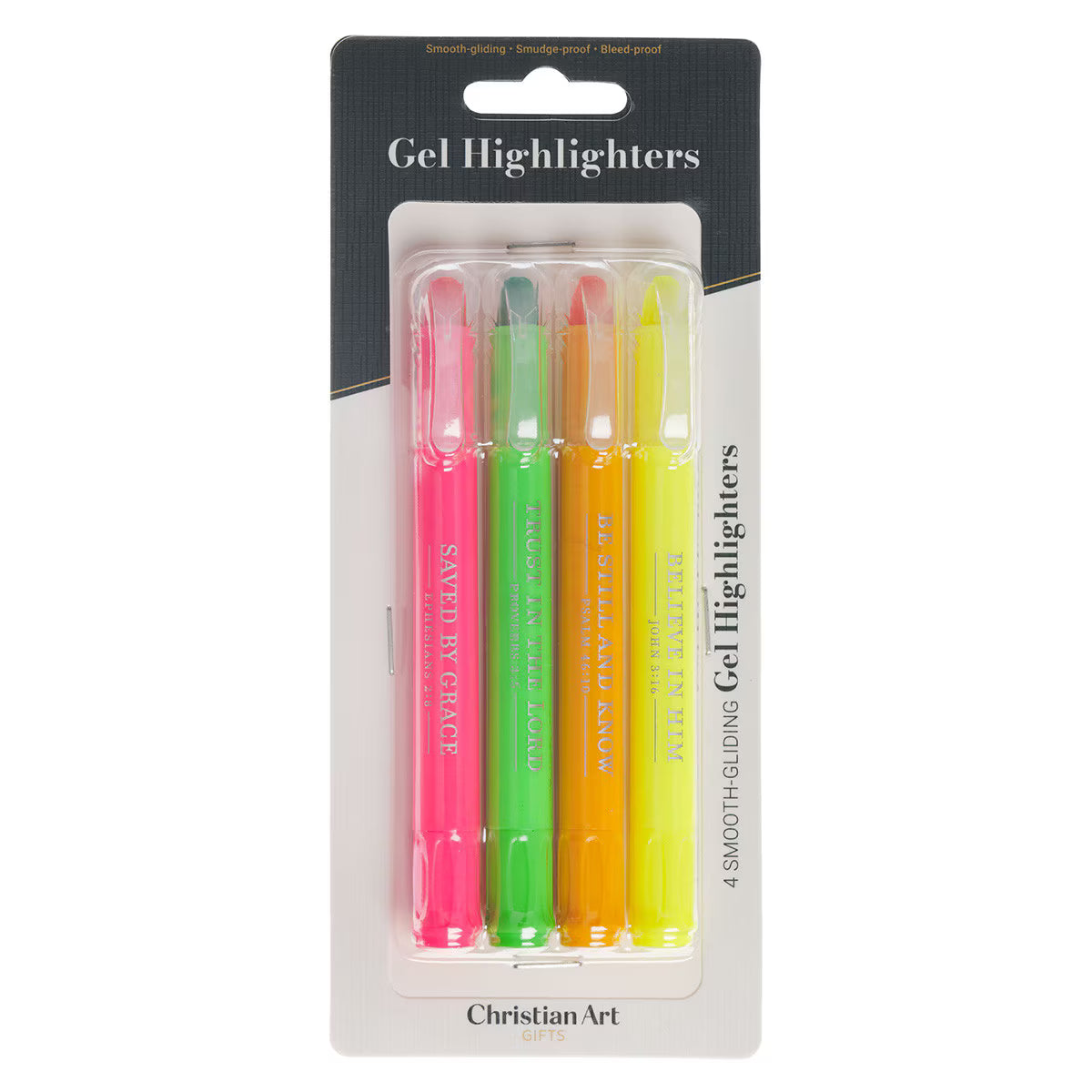 Pack of gel highlighters with colorful markers and 'Christian Art' branding 