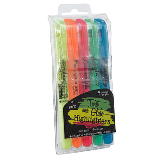 Pack of five colorful highlighters with a visible brand label 