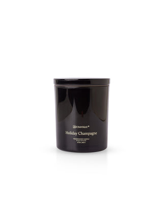 Aromatique Holiday Champagne 10oz fragranced candle in glossy black jar with lid