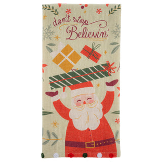 Holiday tea towel featuring Santa Claus juggling gifts with 'Don't Stop Believin' text