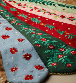 Close-up detail of Holly Jolly embroidered tree skirt showing floral and berry panels in festive colors
