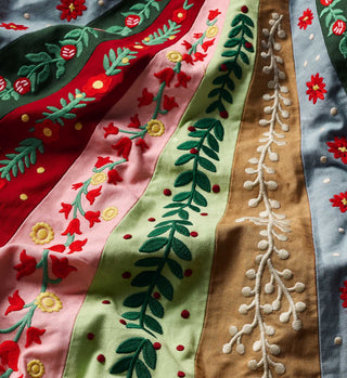 Close-up detail of Holly Jolly embroidered tree skirt showing colorful floral and botanical stripe panels