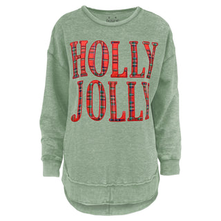 Sage green fleece sweatshirt with red plaid Holly Jolly graphic lettering