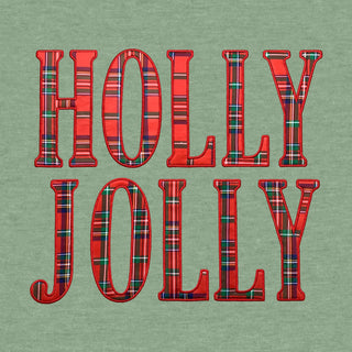 Green sweatshirt with Holly Jolly red tartan plaid appliqué lettering