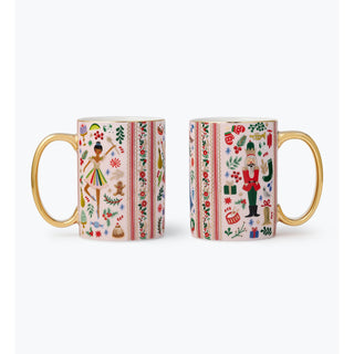 Rifle Paper Co. pink porcelain mugs with gold handles featuring Nutcracker holiday illustrations